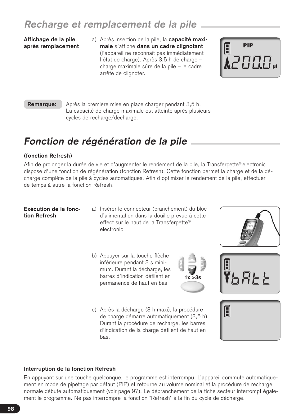 Recharge et remplacement de la pile, Fonction de régénération de la pile | BrandTech Scientific Transferpette electronic User Manual | Page 98 / 175