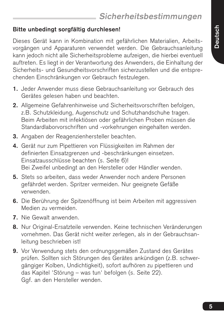 Sicherheitsbestimmungen | BrandTech Scientific Transferpette S User Manual | Page 5 / 124