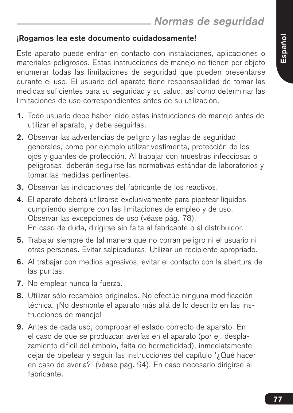 Normas de seguridad | BrandTech Scientific Transferpette S User Manual | Page 77 / 124