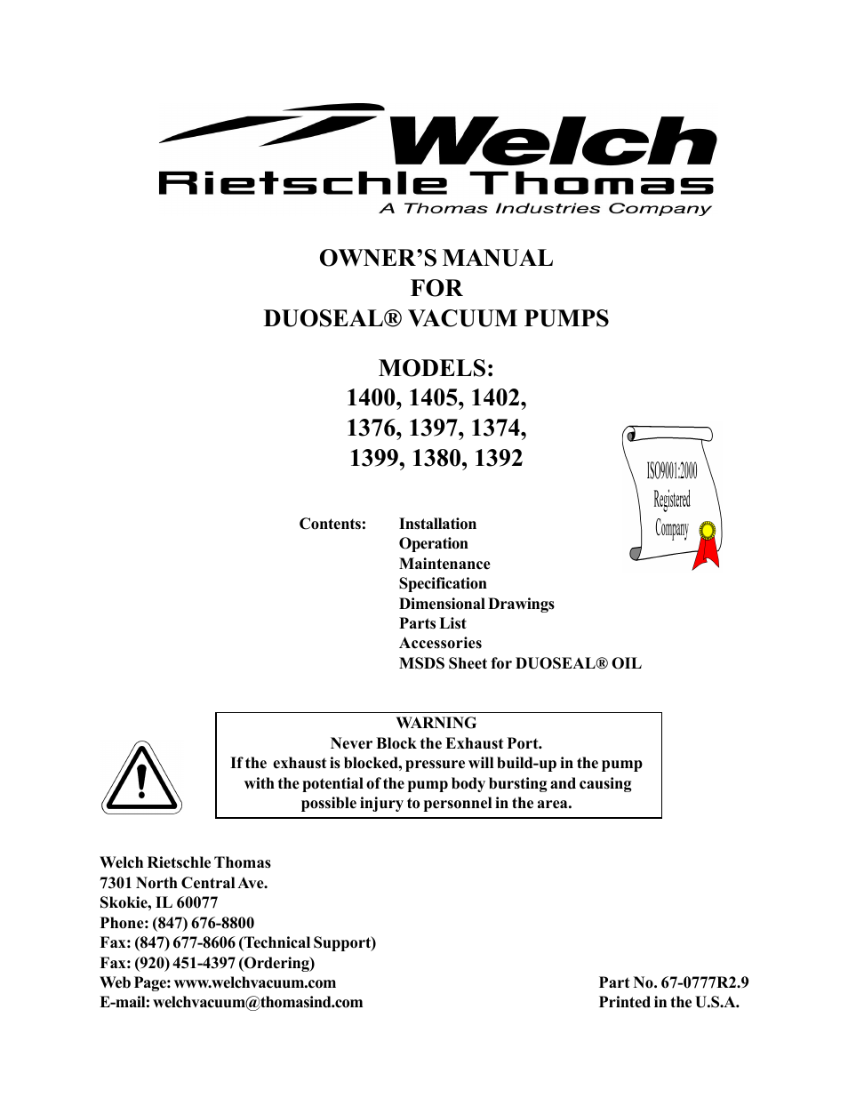 Chemglass AF-0350 Welch Vacuum Pump User Manual | 42 pages