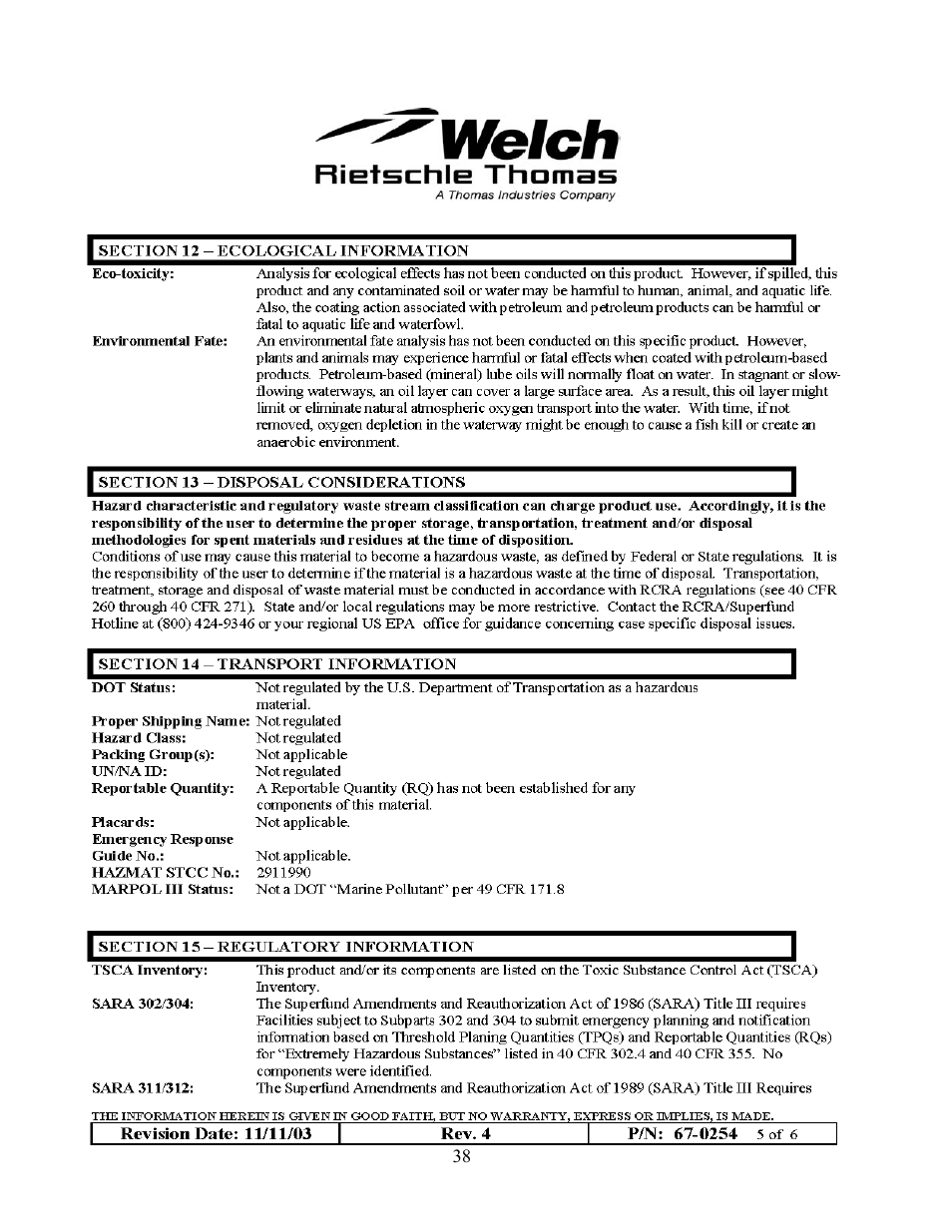 Chemglass AF-0350 Welch Vacuum Pump User Manual | Page 38 / 42