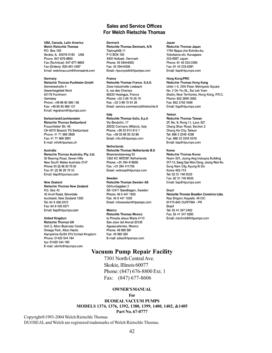 Vacuum pump repair facility | Chemglass AF-0350 Welch Vacuum Pump User Manual | Page 42 / 42