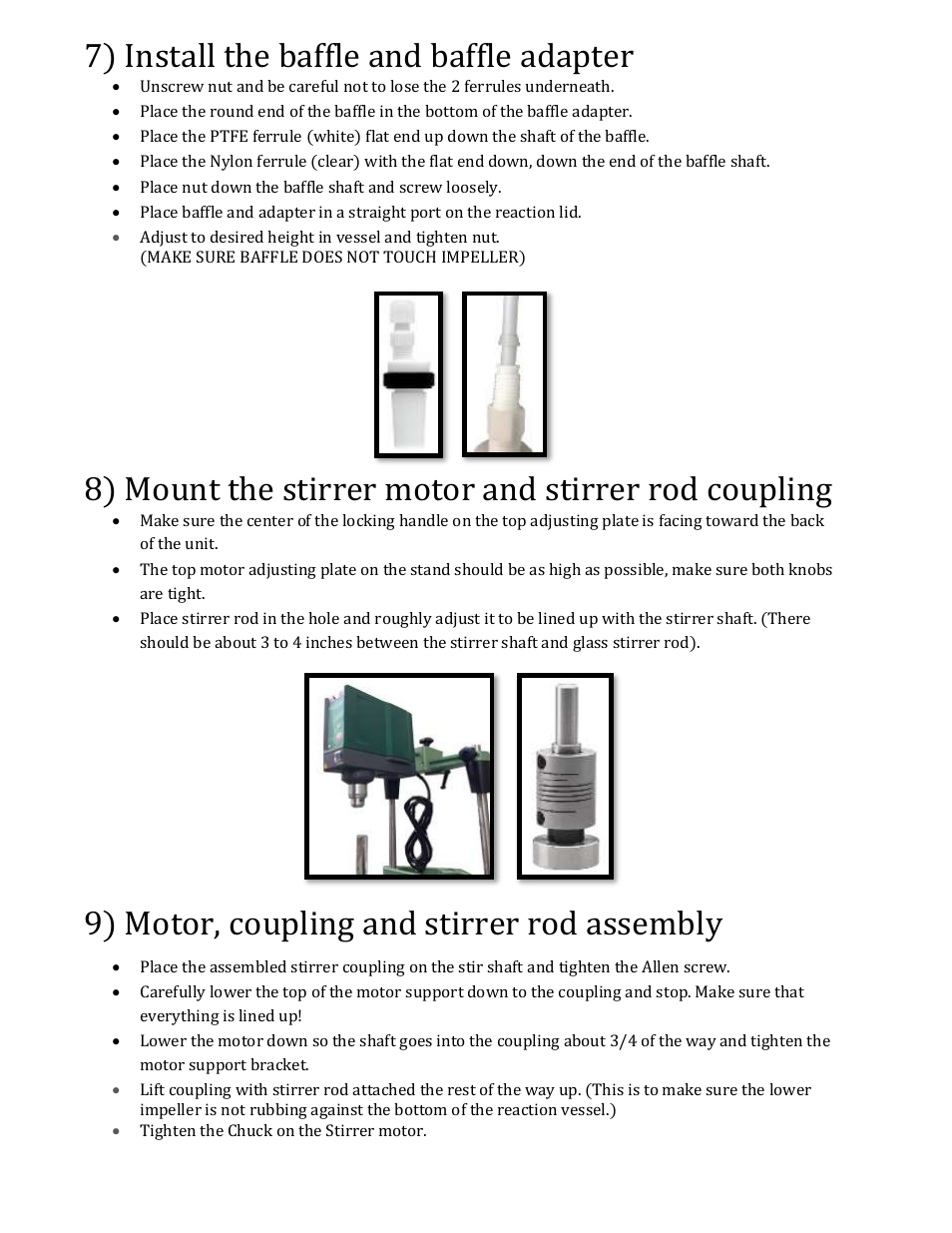 7) install the baffle and baffle adapter, 9) motor, coupling and stirrer rod assembly | Chemglass CG-1949-X User Manual | Page 5 / 6