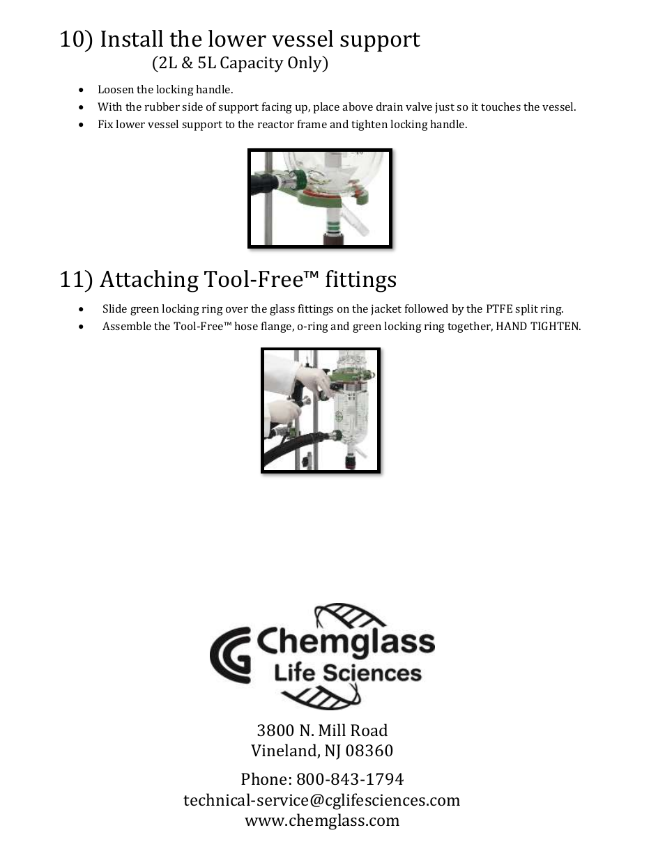 10) install the lower vessel support, 11) attaching tool-free™ fittings, 2l & 5l capacity only) | Chemglass CG-1949-X User Manual | Page 6 / 6