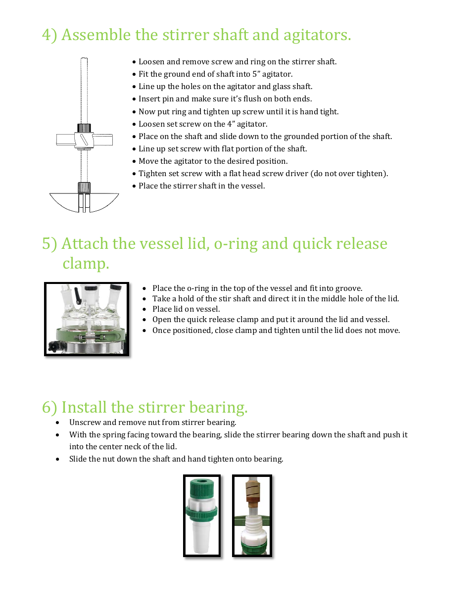 4) assemble the stirrer shaft and agitators, 6) install the stirrer bearing | Chemglass Dual ChemRxnHub™ User Manual | Page 4 / 6