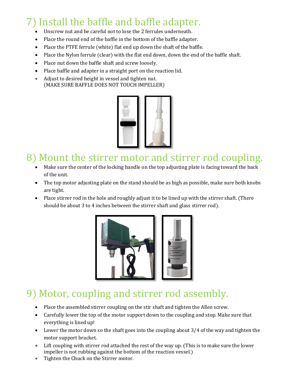 7) install the baffle and baffle adapter, 9) motor, coupling and stirrer rod assembly | Chemglass Dual ChemRxnHub™ User Manual | Page 5 / 6