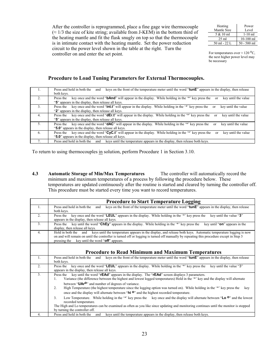 Procedure to start temperature logging, Procedure to read minimum and maximum temperatures | Chemglass CG-1972-65 User Manual | Page 23 / 26