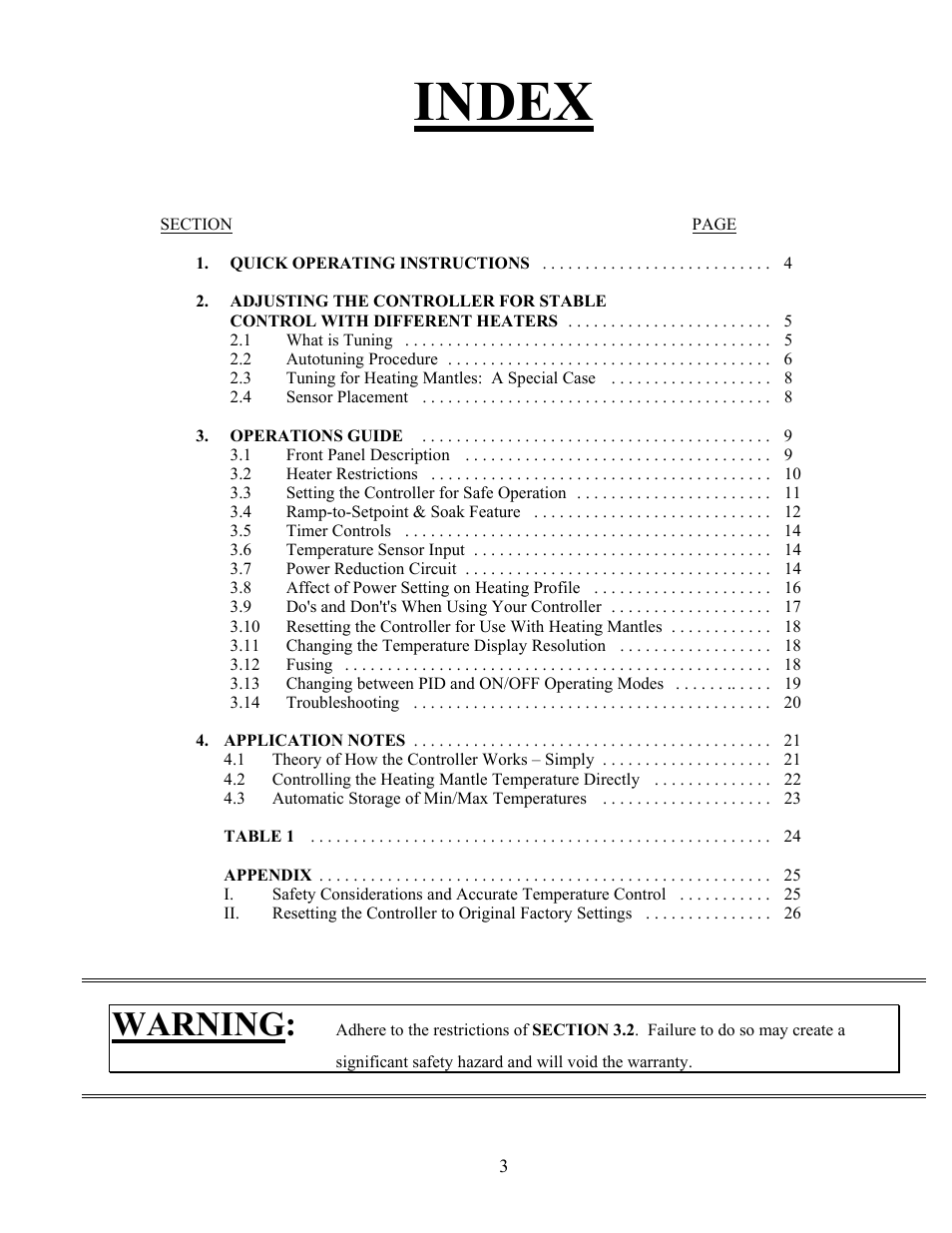 Index, Warning | Chemglass CG-1972-65 User Manual | Page 3 / 26