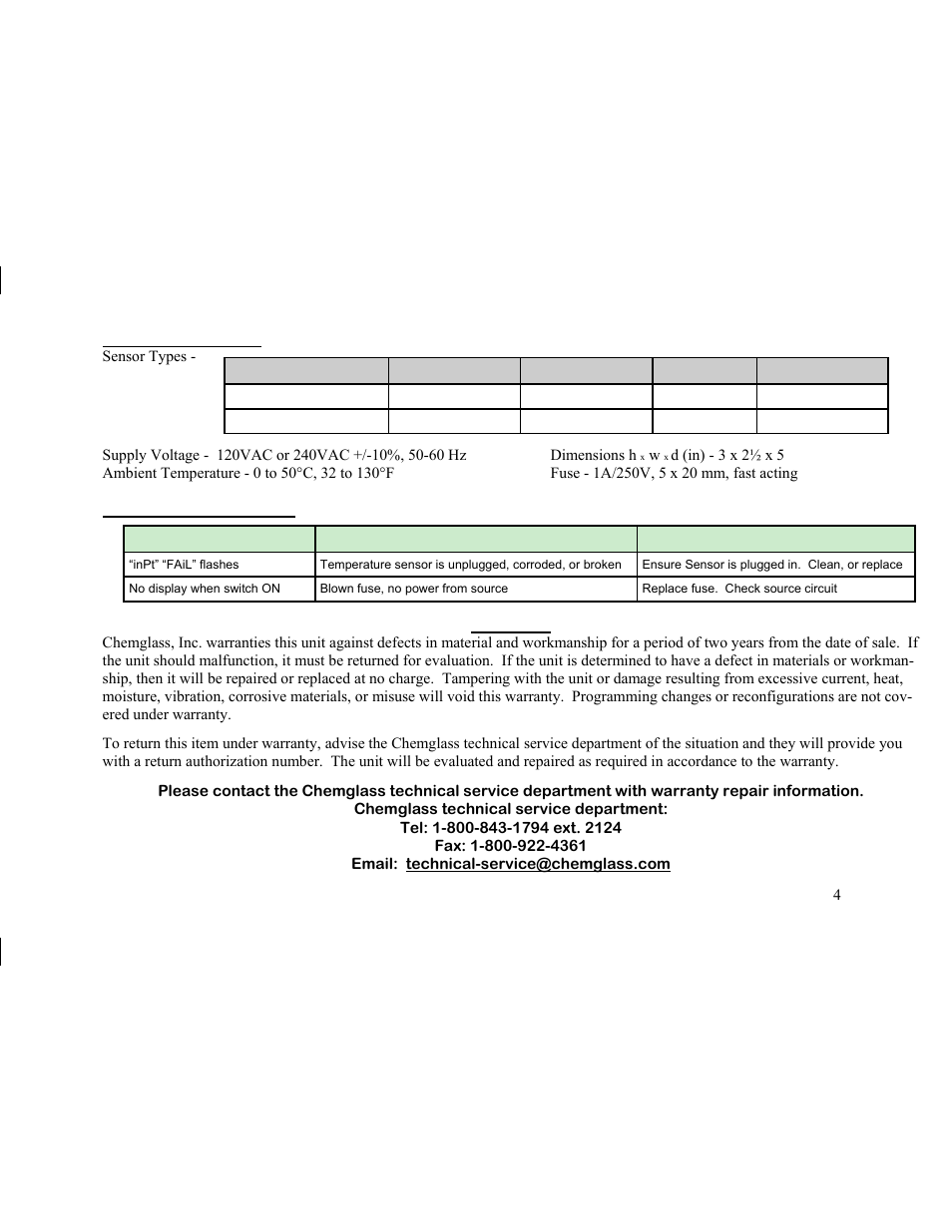 Specifications, Troubleshooting, Warranty | Chemglass CG-3498 User Manual | Page 4 / 4