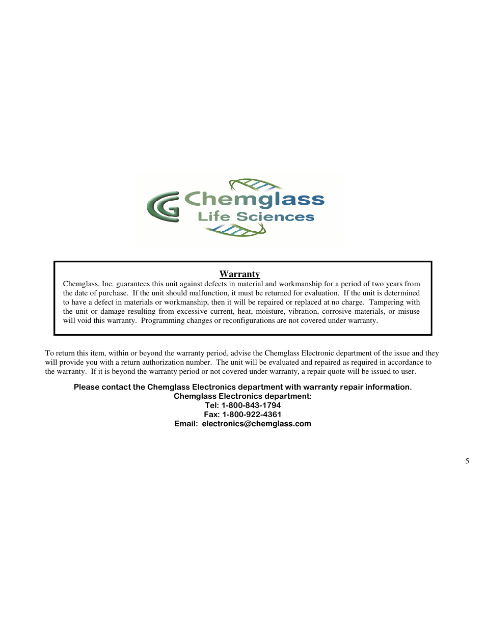 Warranty | Chemglass CLS-4100-02 User Manual | Page 5 / 5