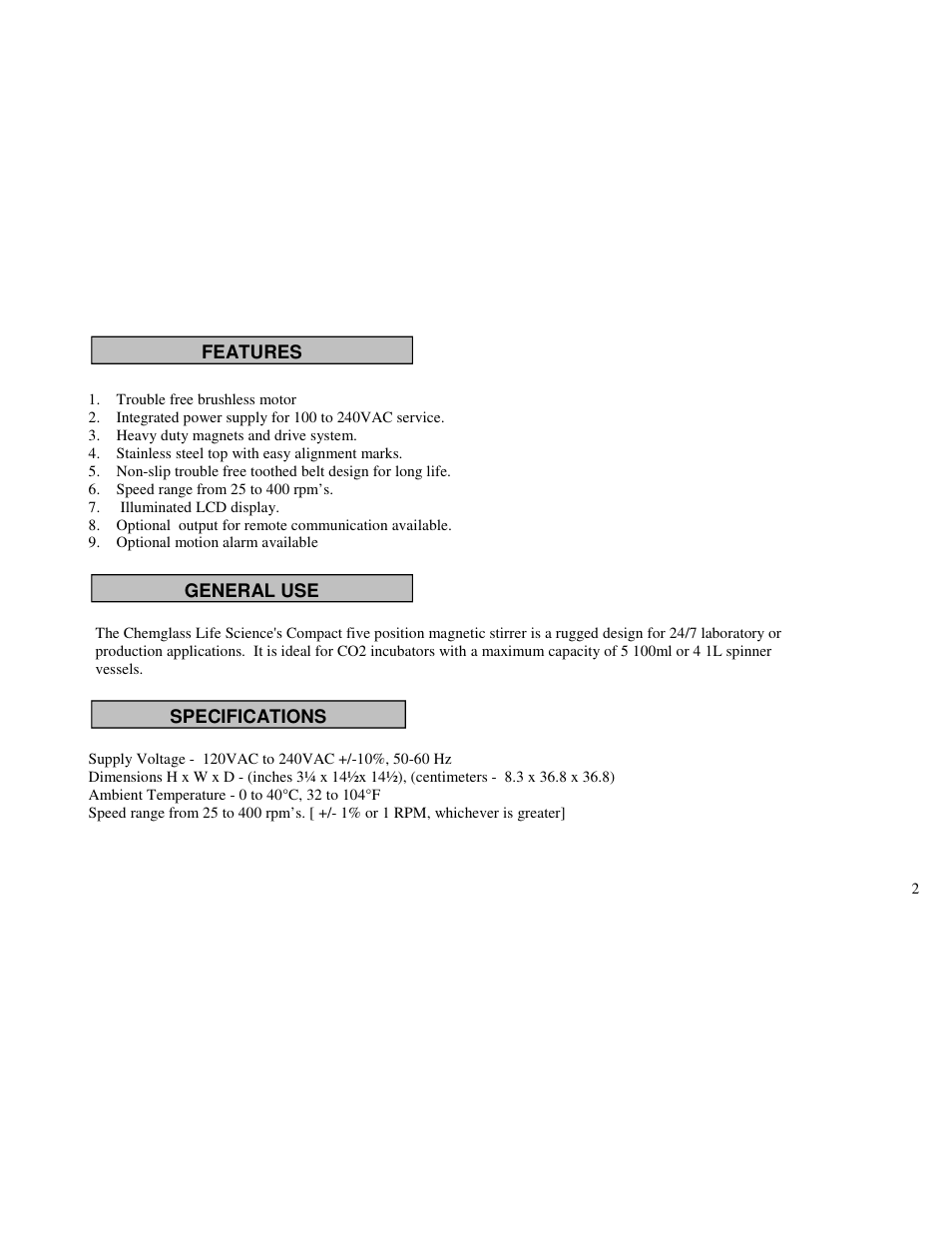 Features general use specifications | Chemglass CLS-4100-04 User Manual | Page 2 / 5