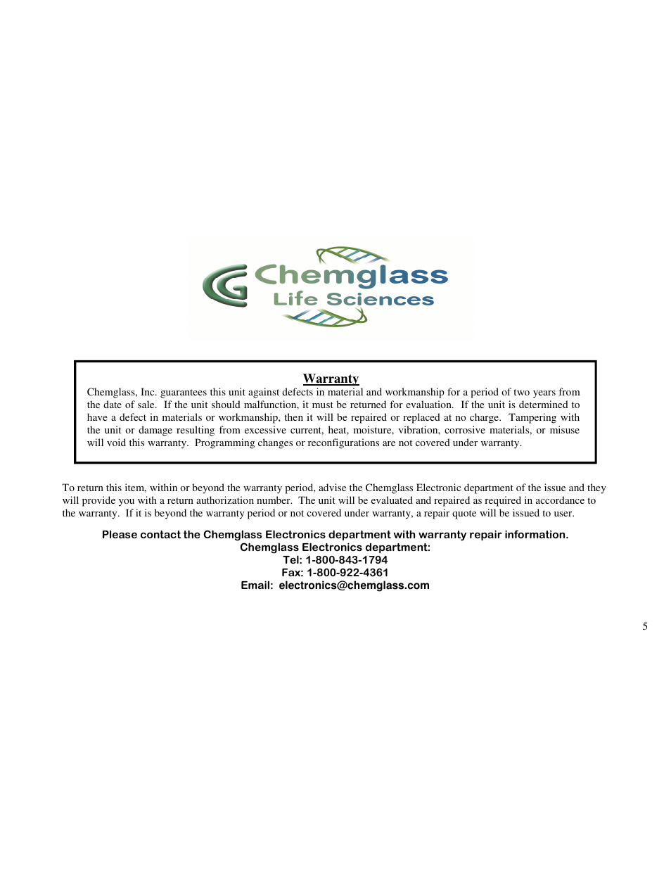 Warranty | Chemglass CLS-4100-04 User Manual | Page 5 / 5
