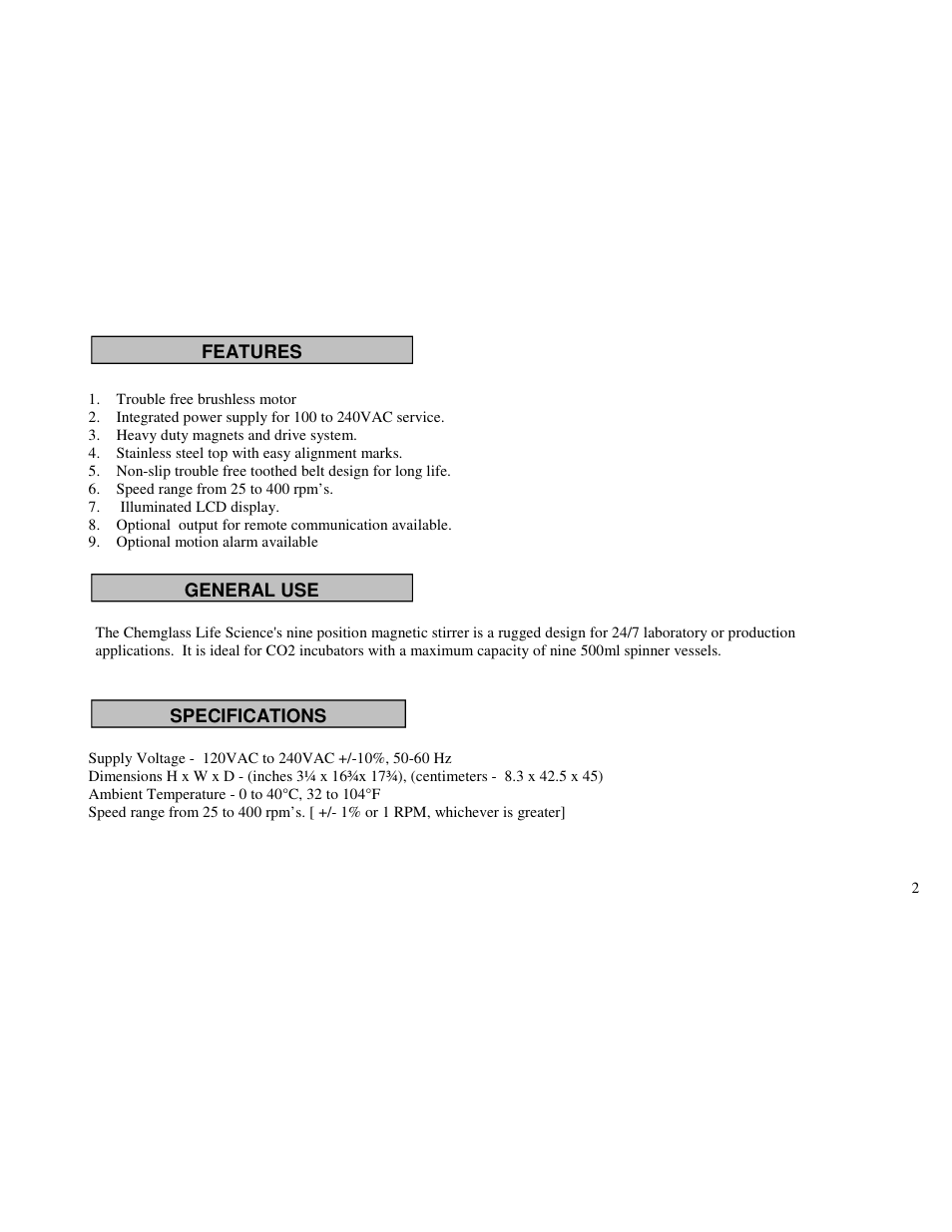 Features general use specifications | Chemglass CLS-4100-09 User Manual | Page 2 / 5