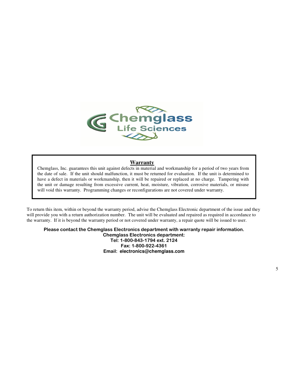 Warranty | Chemglass CLS-4100-09 User Manual | Page 5 / 5
