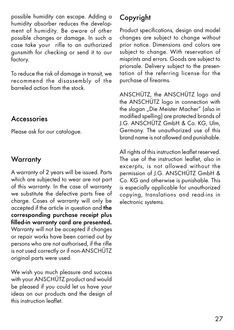 Accessories, Warranty, Copyright | Anschutz 64 R User Manual | Page 14 / 18