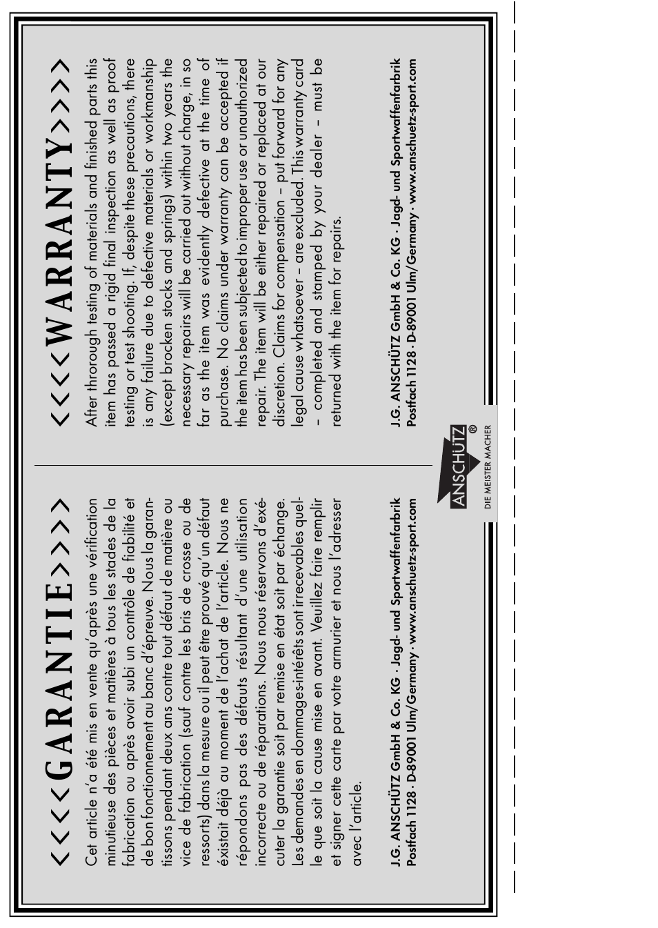 Garantie, Warranty | Anschutz 64 R User Manual | Page 16 / 18