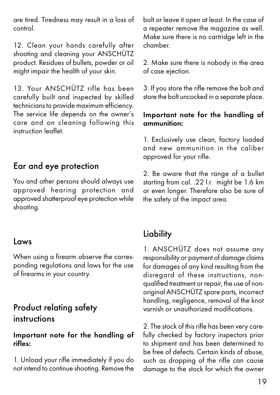 Ear and eye protection, Laws, Product relating safety instructions | Liability | Anschutz 64 R User Manual | Page 6 / 18