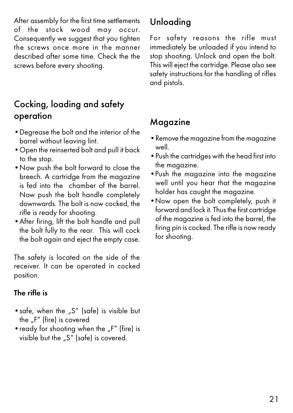 Cocking, loading and safety operation, Unloading, Magazine | Anschutz 64 R User Manual | Page 8 / 18