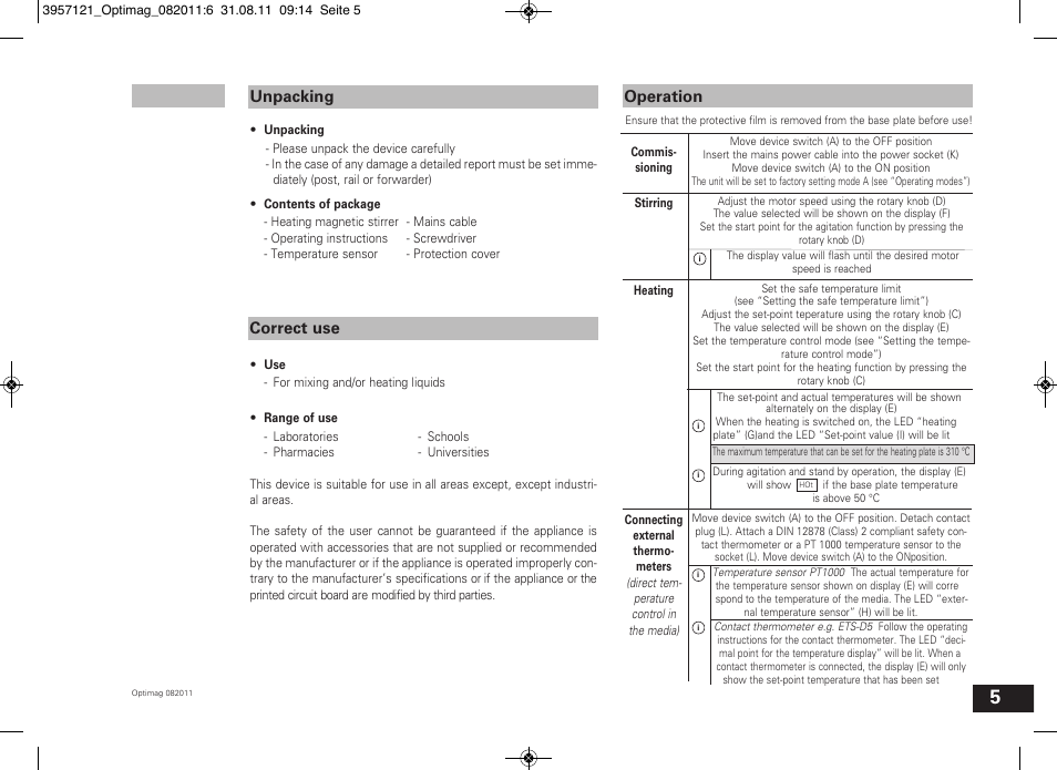 Unpacking correct use, Operation | Chemglass CG-1994 User Manual | Page 5 / 11