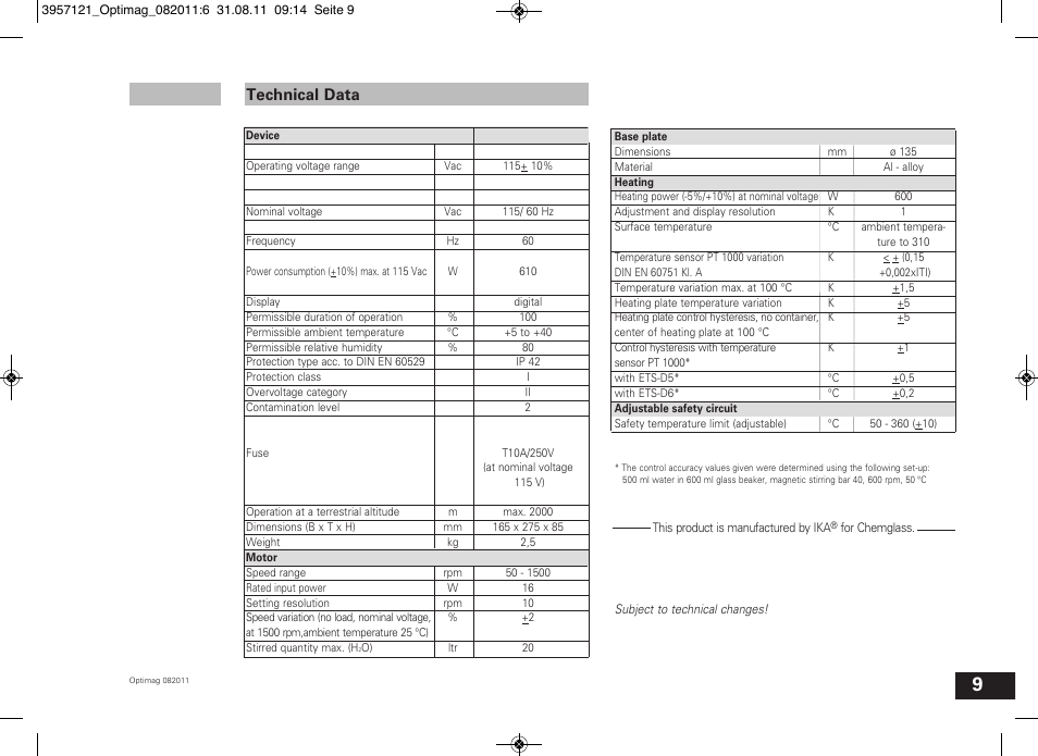 Technical data | Chemglass CG-1994 User Manual | Page 9 / 11