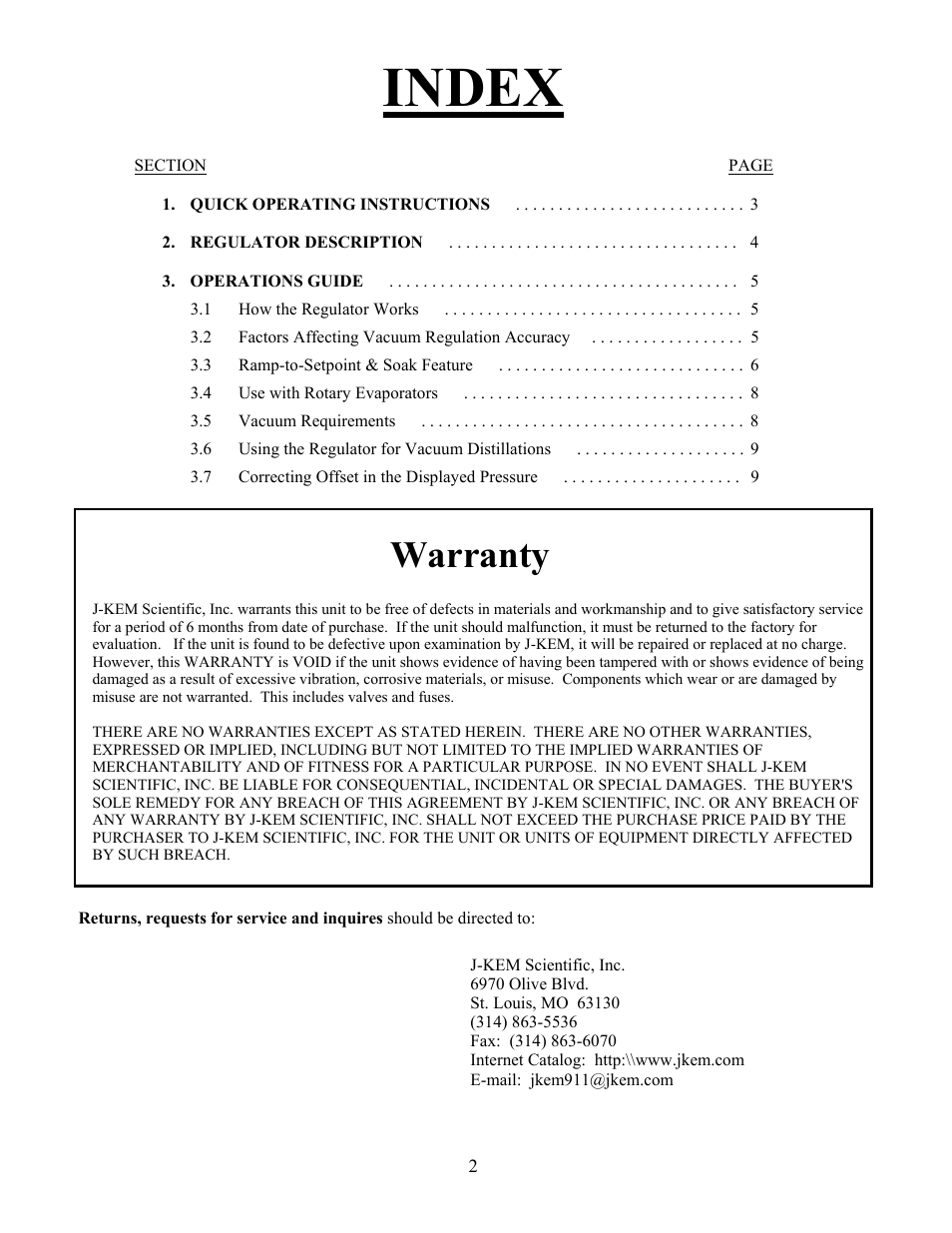 Index, Warranty | Chemglass CG-4600-01 User Manual | Page 2 / 9