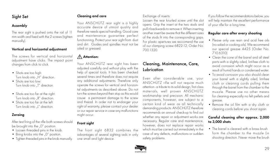 Sight set, Cleaning, maintenance, care, lubrication | Anschutz 9003 User Manual | Page 15 / 22