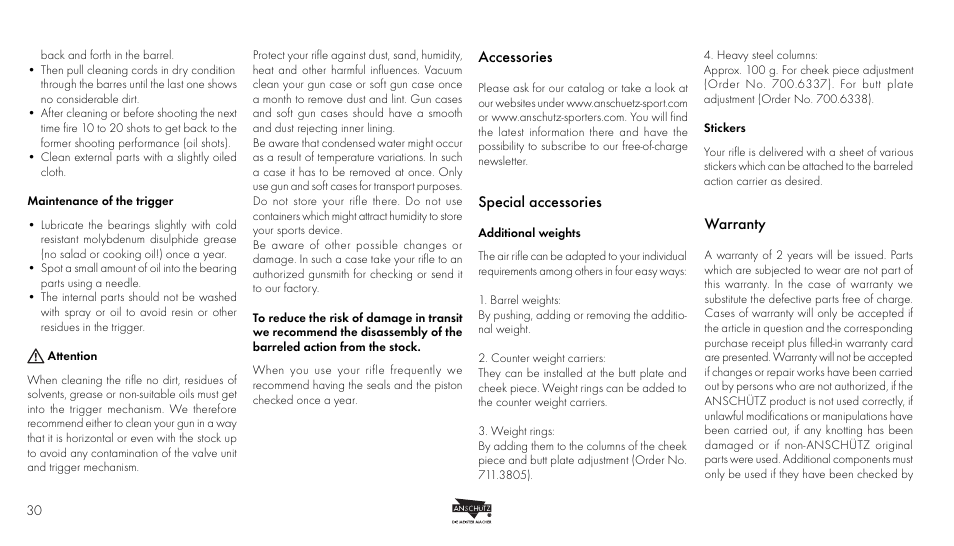 Accessories, Special accessories, Warranty | Anschutz 9003 User Manual | Page 16 / 22