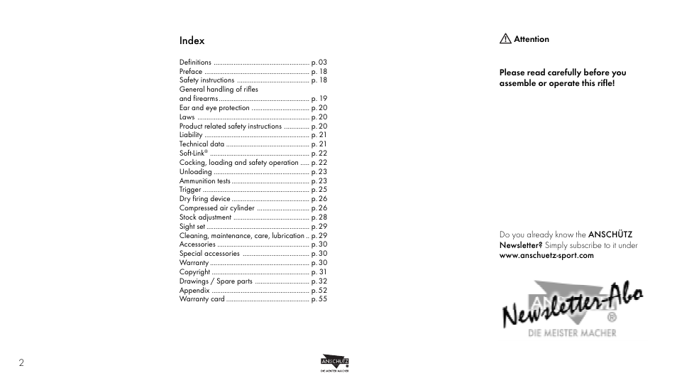 Index | Anschutz 9003 User Manual | Page 2 / 22