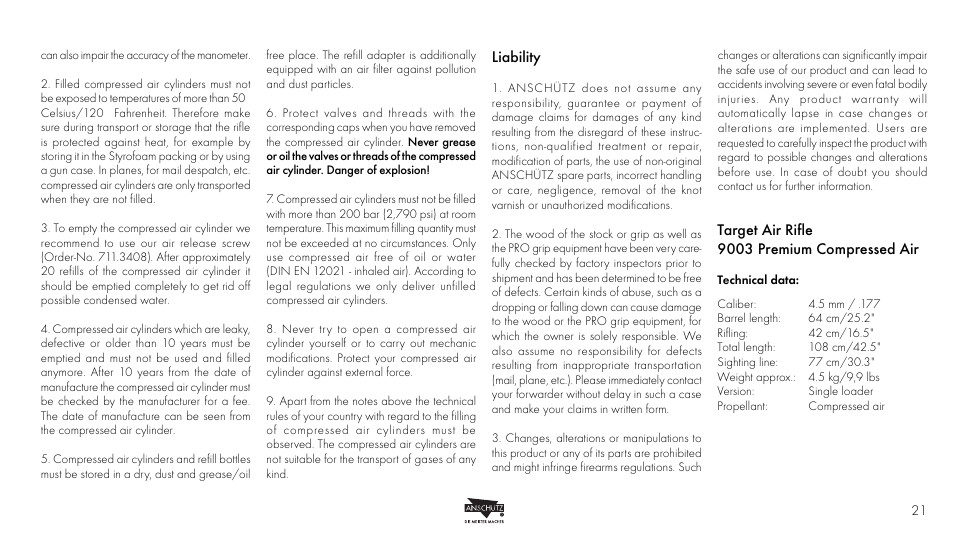Liability, Target air rifle 9003 premium compressed air | Anschutz 9003 User Manual | Page 7 / 22