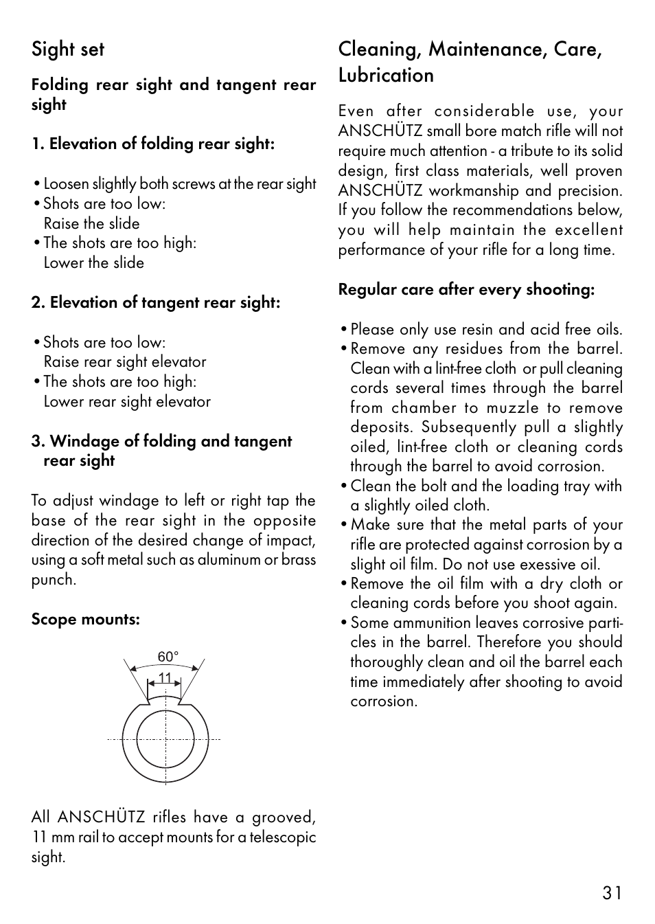 Sight set, Cleaning, maintenance, care, lubrication | Anschutz 1400 User Manual | Page 16 / 25