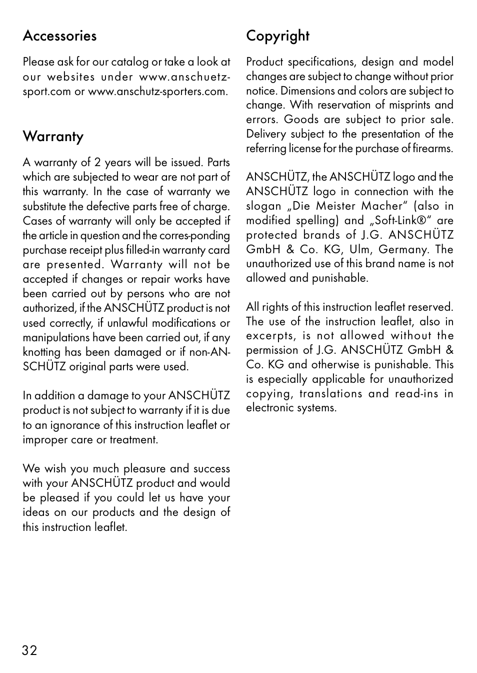 Accessories, Warranty, Copyright | Anschutz 1400 User Manual | Page 17 / 25