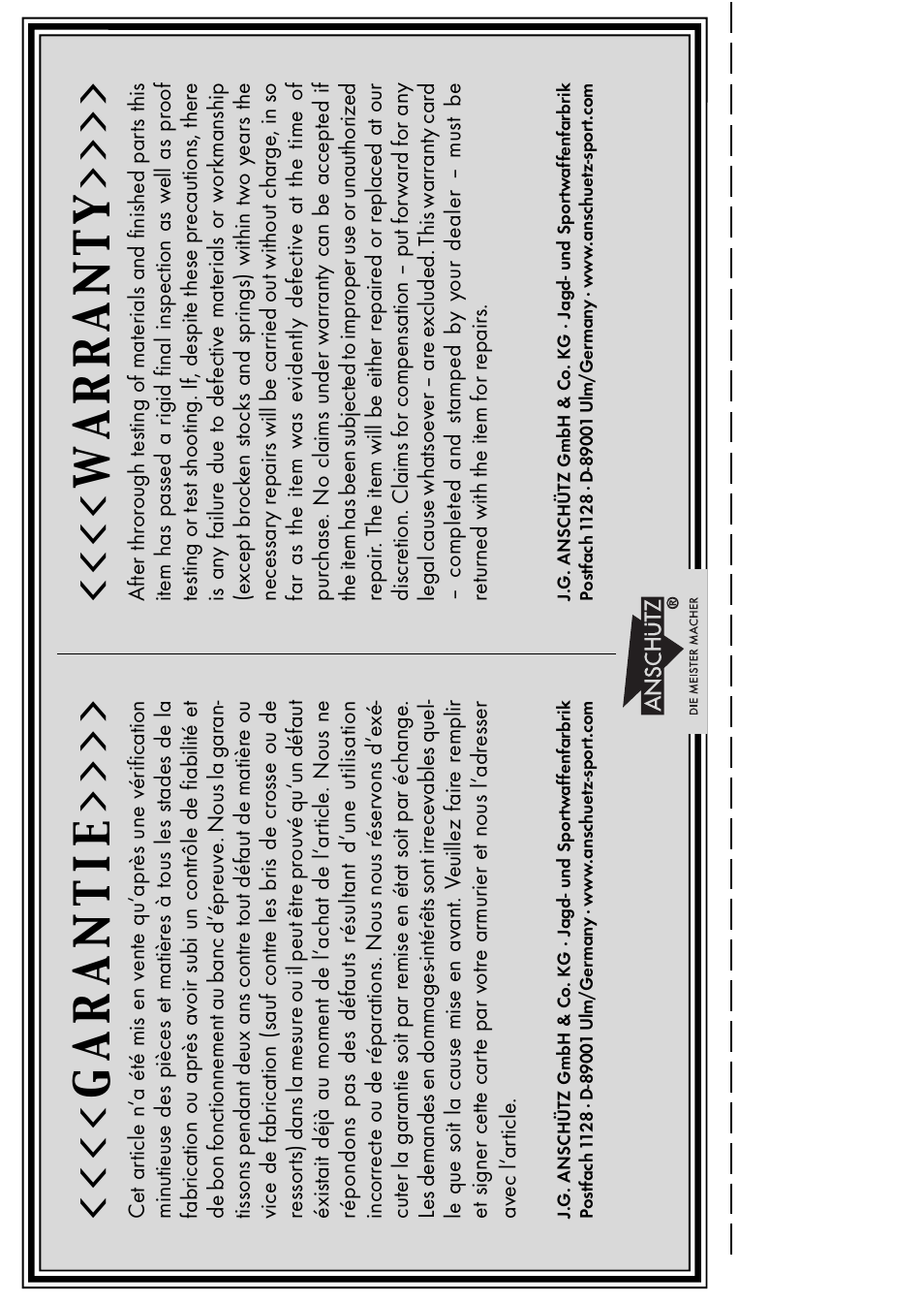 Garantie, Warranty | Anschutz 1400 User Manual | Page 19 / 25