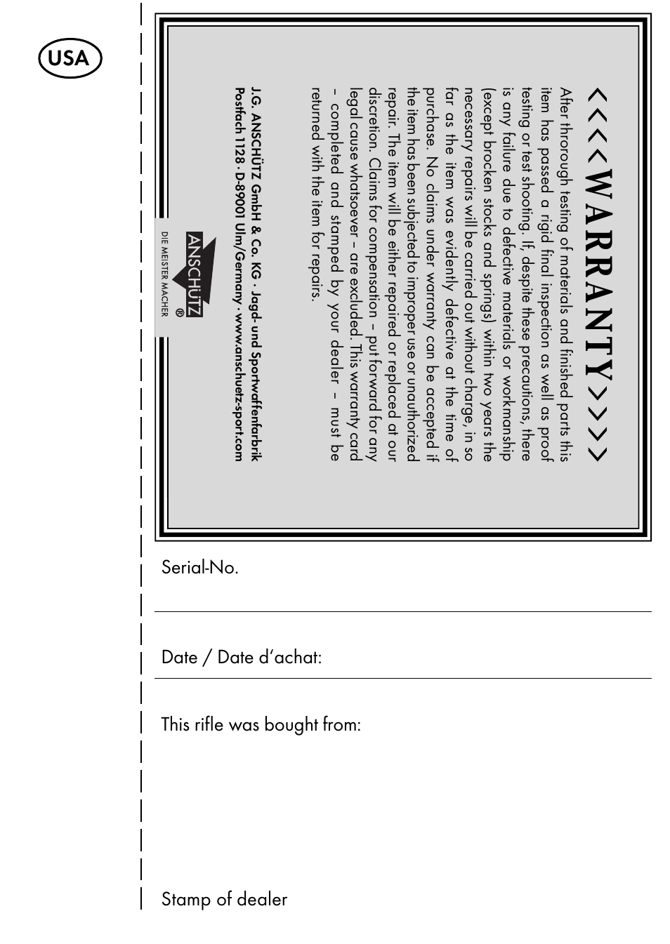 Warranty | Anschutz 1400 User Manual | Page 20 / 25