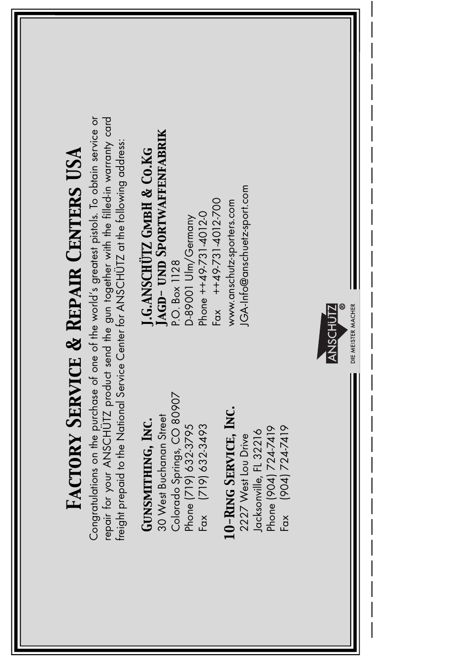 Factory service & repair centers usa | Anschutz 1400 User Manual | Page 21 / 25