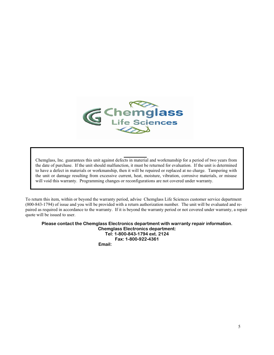 Warranty | Chemglass CLS-4021-100 User Manual | Page 5 / 5