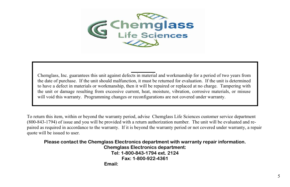 Warranty | Chemglass CLS-4023-100 User Manual | Page 5 / 5