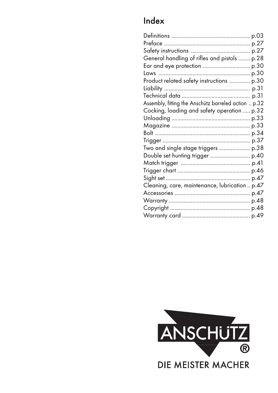 Index | Anschutz 1700 User Manual | Page 2 / 33
