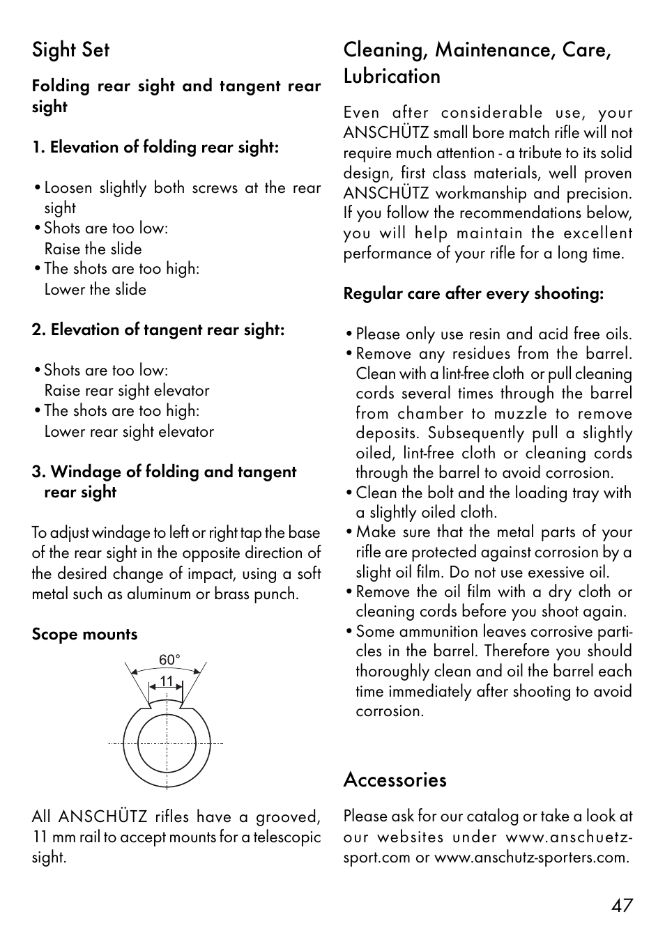 Sight set, Cleaning, maintenance, care, lubrication, Accessories | Anschutz 1700 User Manual | Page 24 / 33