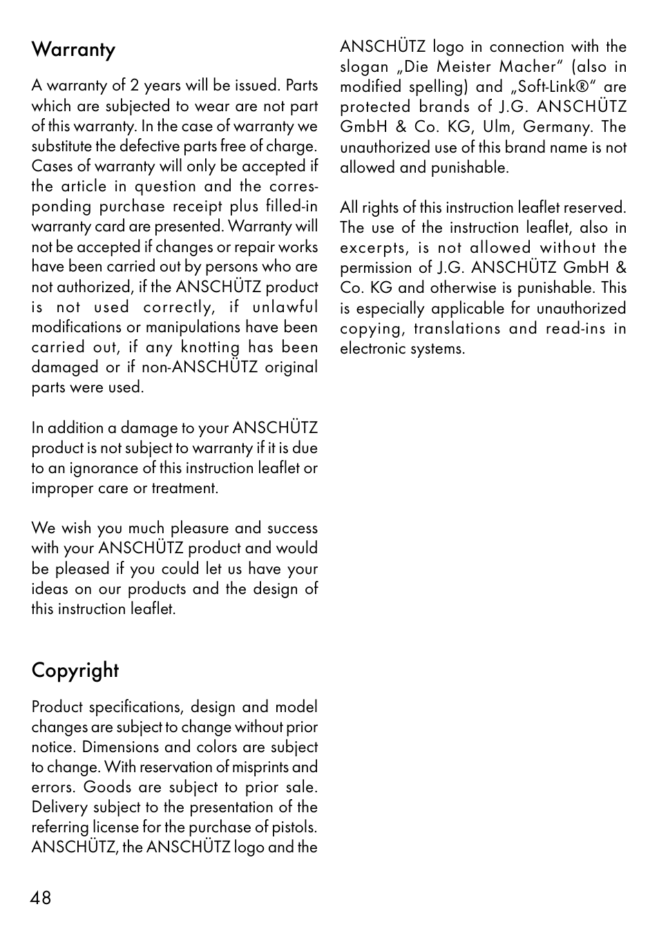 Warranty, Copyright | Anschutz 1700 User Manual | Page 25 / 33