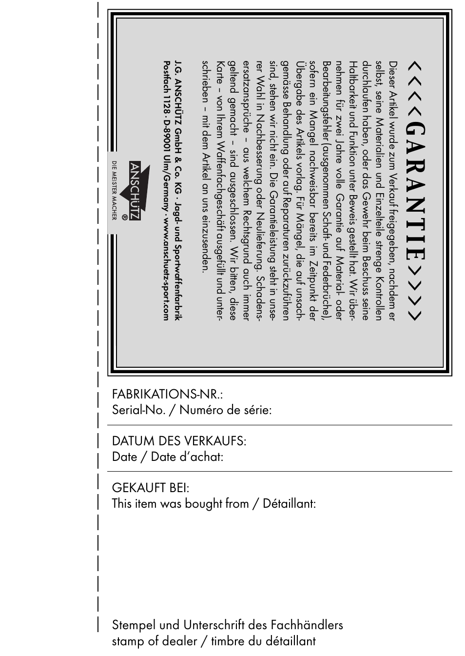 Garantie | Anschutz 1700 User Manual | Page 26 / 33