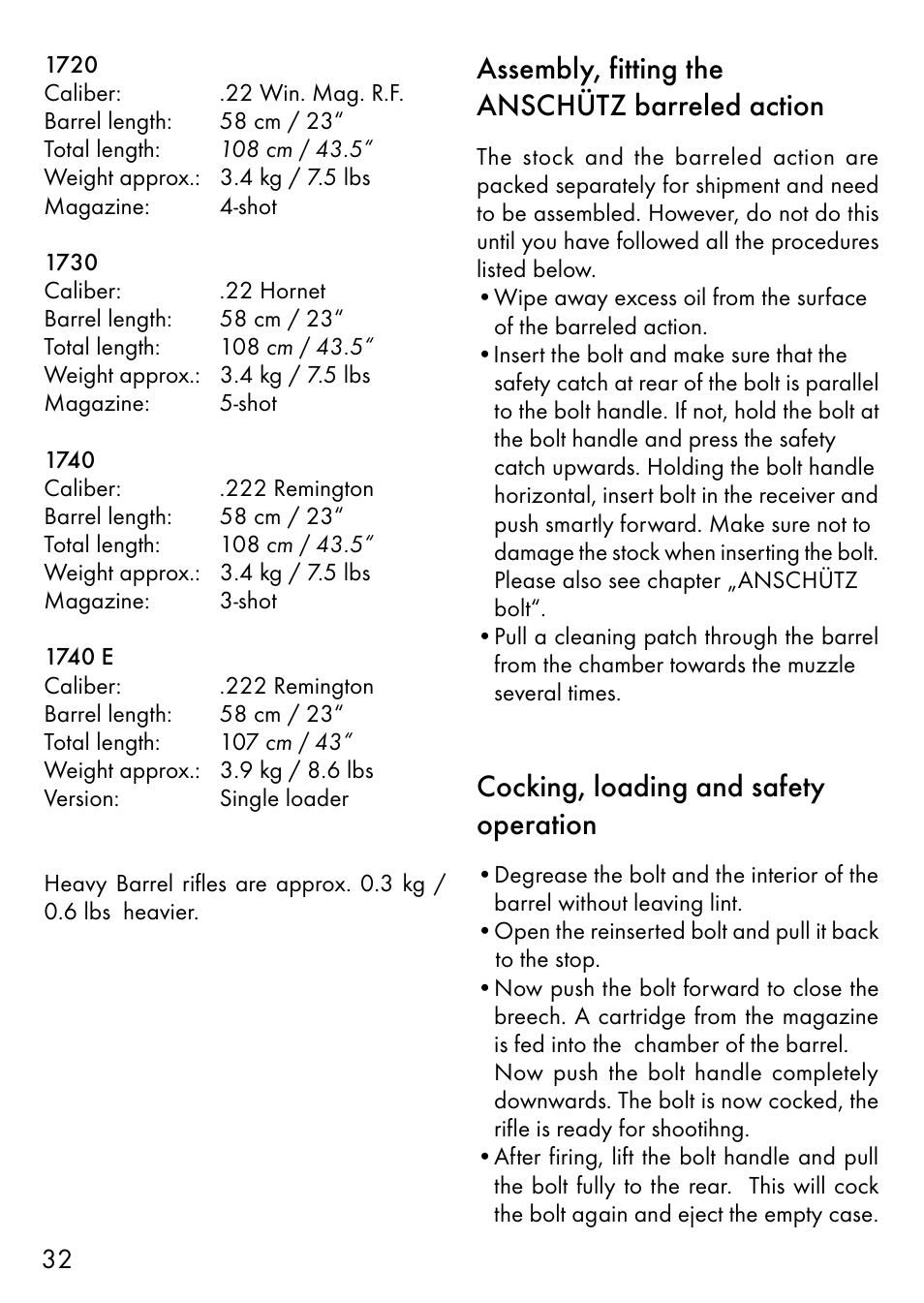 Assembly, fitting the anschütz barreled action, Cocking, loading and safety operation | Anschutz 1700 User Manual | Page 9 / 33