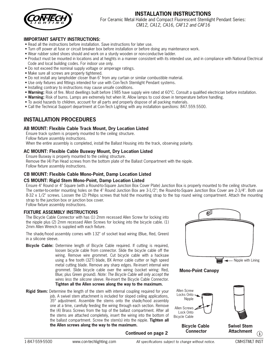 ConTech Lighting CAF16 User Manual | 2 pages