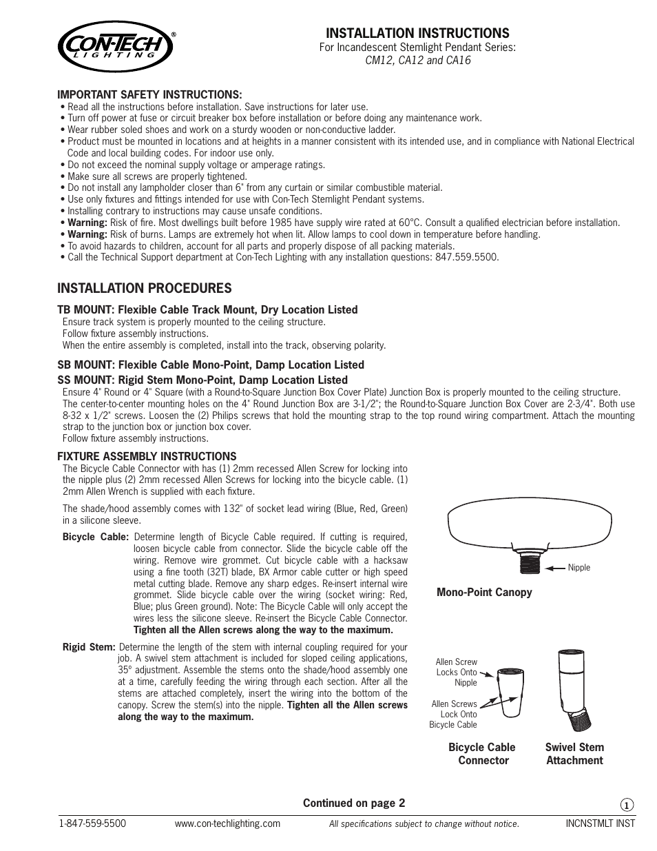 ConTech Lighting CA16 User Manual | 2 pages