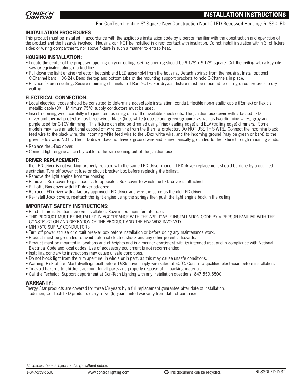ConTech Lighting RL8SQLED User Manual | 1 page