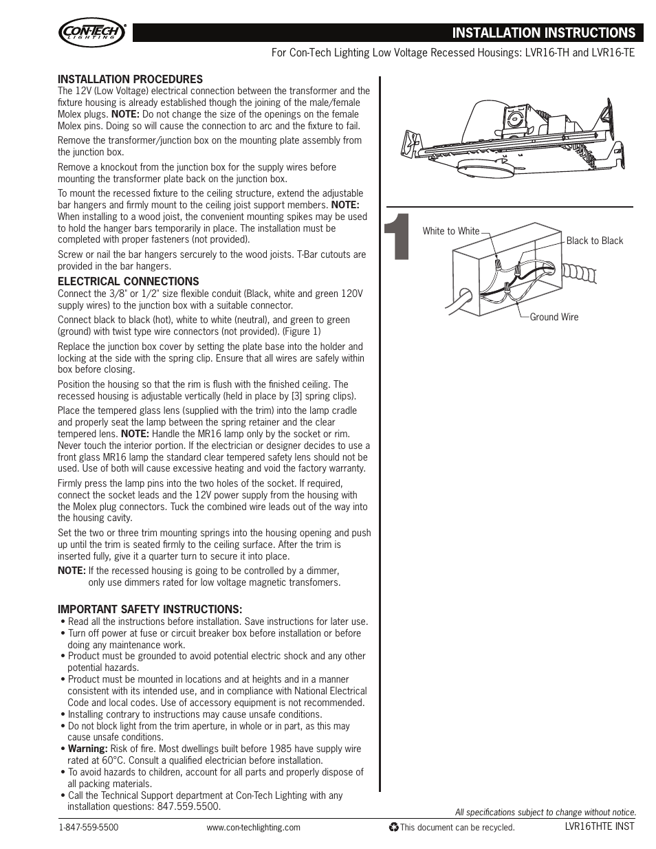 ConTech Lighting LVR16-TH User Manual | 1 page