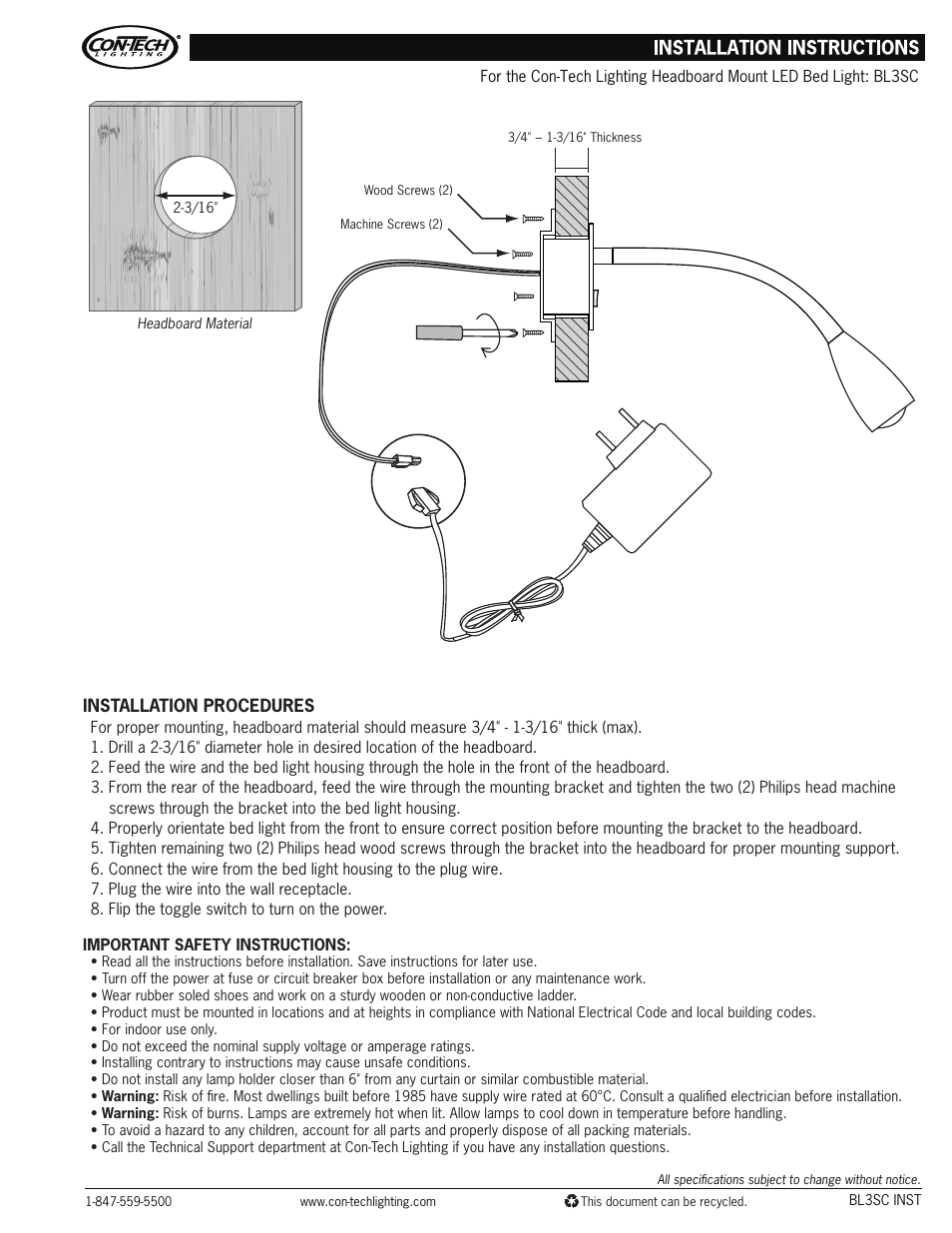 ConTech Lighting BL3SC User Manual | 1 page