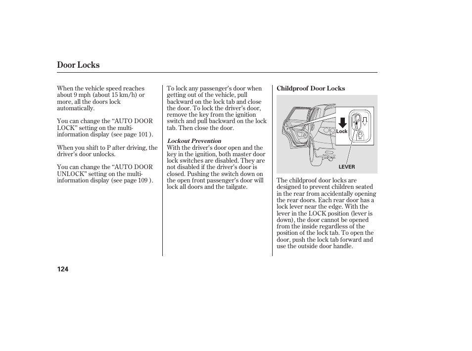 Door locks | Acura 2009 RDX User Manual | Page 130 / 434