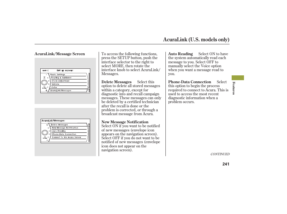 Acuralink (u.s. models only) | Acura 2009 RDX User Manual | Page 247 / 434
