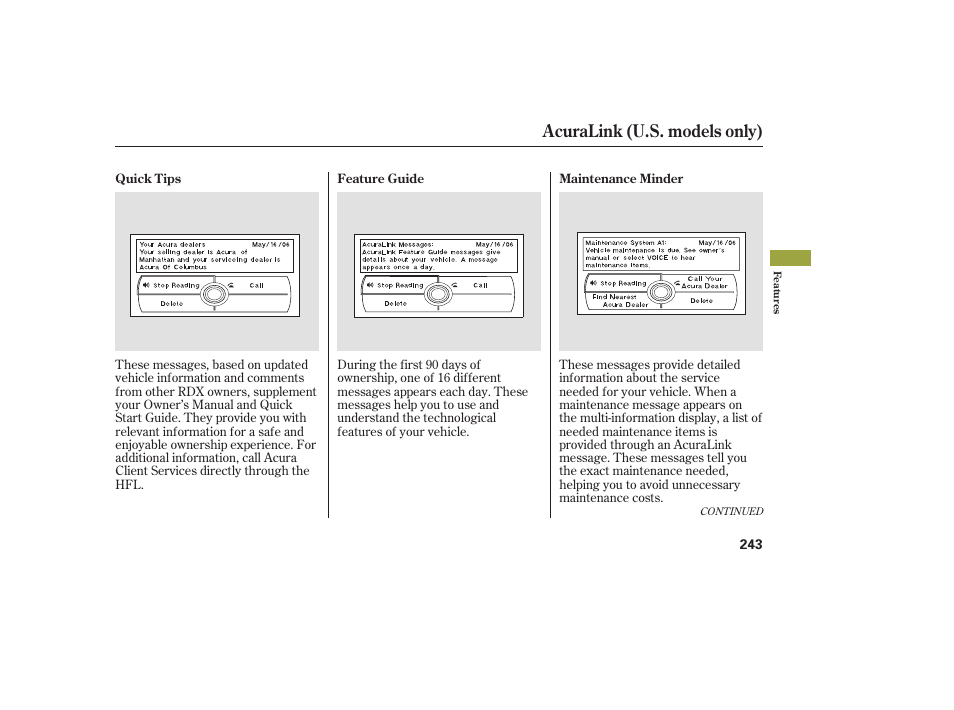 Acuralink (u.s. models only) | Acura 2009 RDX User Manual | Page 249 / 434