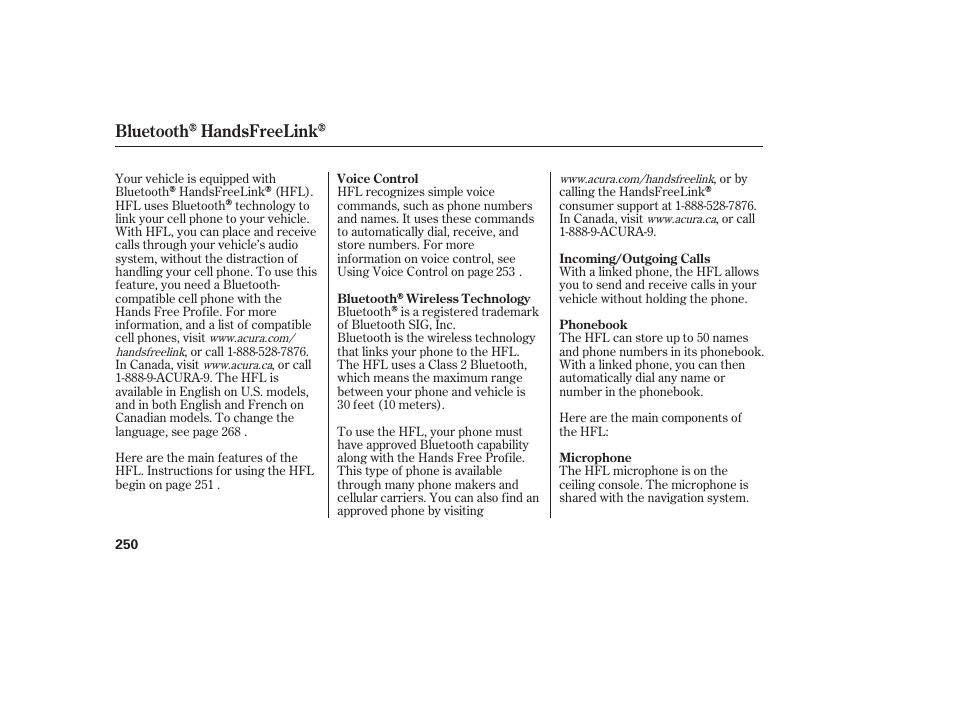 Bluetooth handsfreelink | Acura 2009 RDX User Manual | Page 256 / 434